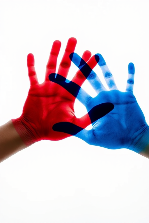Create a vibrant abstract image of two overlapping handprints in blue and red on a white background, using a DSLR camera with a 50mm lens at f/2.8, low ISO setting of 100, and a slight vignette effect for depth.