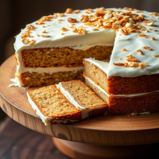 Create an image of a delicious cake with a smooth white frosting topped with toasted coconut flakes and chopped nuts on a wooden cake stand. Show a slice of the cake cut out, revealing its moist layers inside. The setting should have a warm and inviting atmosphere, emphasizing the cake as the focal point.