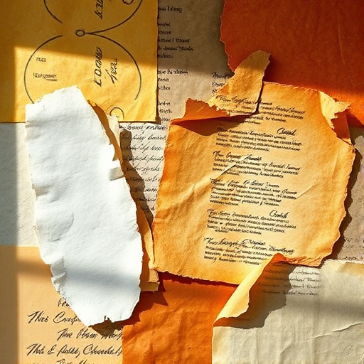 Create a high-resolution image of various textured and patterned parchment sheets arranged artistically, using a Canon EOS R5 camera, f/8 aperture, 50mm lens, ISO 100, natural light for enhanced color vibrancy, top-down view, and using a slight vignette to focus on the textures.