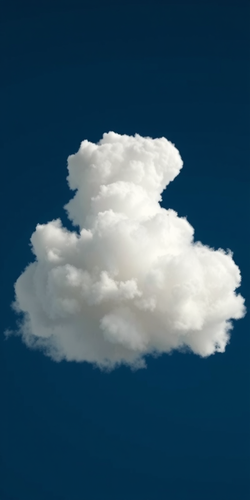 Create a 3D-rendered image of a fluffy white cloud with a glossy finish on a deep blue background, using a Canon EOS R5 camera, aperture f/8, ISO 100, focal length 50mm, capturing in a high dynamic range style.