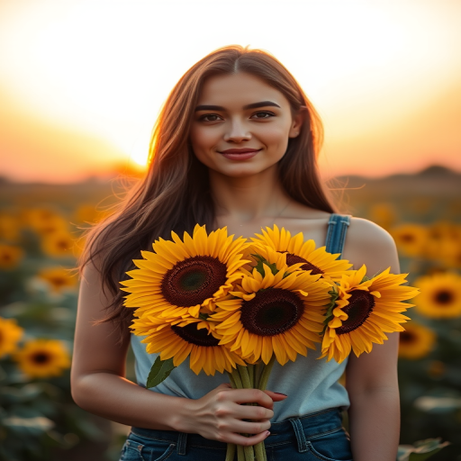 Capture a portrait of a woman holding a bouquet of sunflowers in a field during golden hour, using a Canon EOS R6 camera, 50mm lens, f/1.8 aperture, 1/200 shutter speed, ISO 100, with a shallow depth of field to highlight the subject against a softly blurred background.