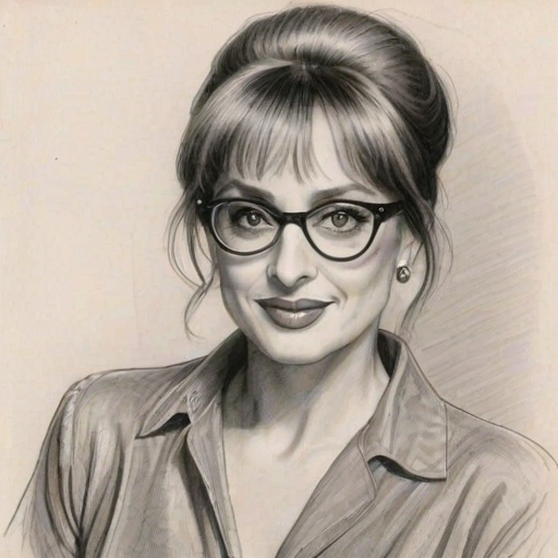 Ravishing Patti LuPone, pencil sketch, portrait of Enticing woman 1948s in glasses, hair style beatnik, outline, clear lines, fine lines, 8k