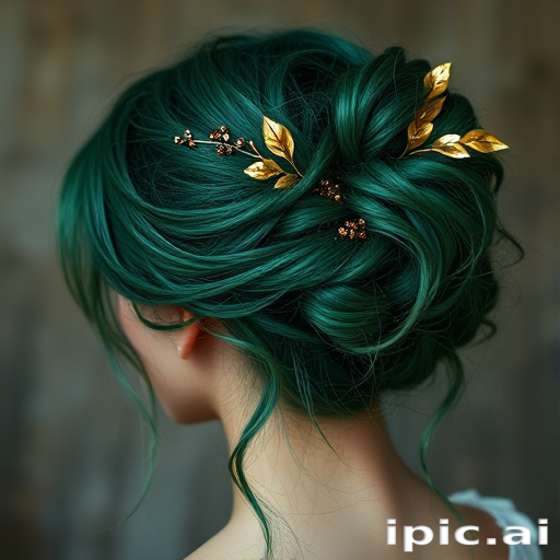 Enchanting emerald green-haired goddess with a textured, messy bun adorned with delicate gold leaf accents