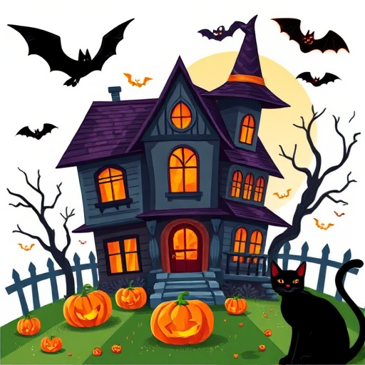 Create a high-resolution Halloween-themed illustration featuring a haunted house, pumpkin, witch hat, creepy hand, bat, and black cat with vibrant colors, using a DSLR camera at f/2.8, ISO 100, 50mm lens in bright daylight.