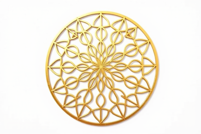Create a high-resolution image of a golden Flower of Life pattern in a circular design, captured with a Canon EOS R5, 50mm lens, f/1.8 aperture, 1/100s shutter speed, ISO 100, natural lighting, flat lay view for enhanced clarity and detail.