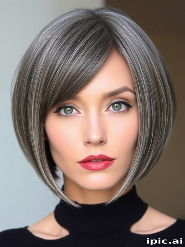 Striking monochromatic grey-haired icon with a sleek, chin-length bob featuring a precise middle part and blunt ends
