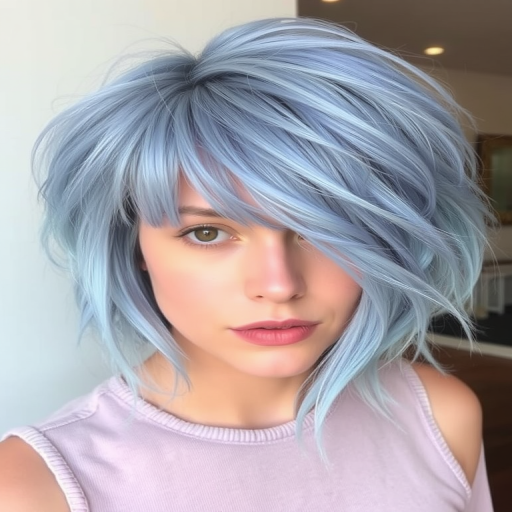 Dusty blue textured crop, expertly shaped by "Cloud Nine" stylists, showcasing a short, piecey cut with lots of volume on top, gradually fading to a pale, sky blue at the ends, creating a soft, dreamy look reminiscent of a hazy summer sky.