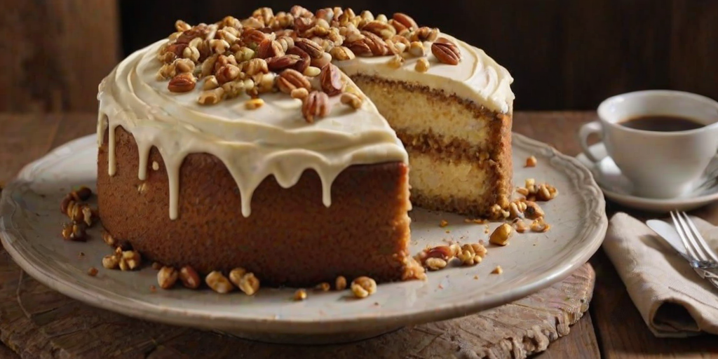Generate an image of a freshly baked cake with a rich, creamy frosting and topped with chopped nuts. The cake should have a moist texture and be displayed on a rustic plate with a slice removed to reveal its interior. The setting should be warm and inviting, possibly with a soft cloth and a decorative background.