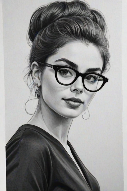 Enticing Lorenza Izzo, pencil sketch, portrait of Dazzling woman 1958s in glasses, hair style beatnik, outline, clear lines, fine lines, 8k