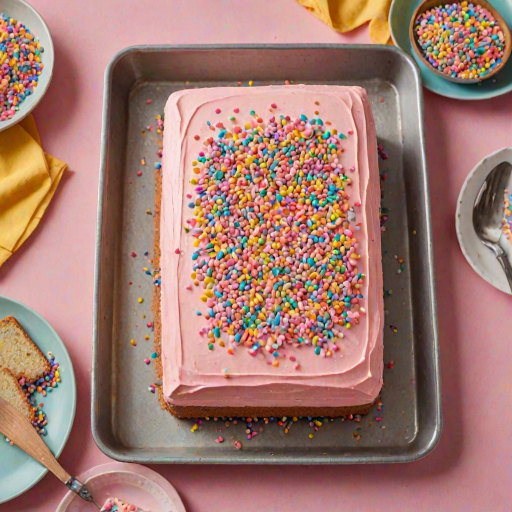 Create an image of a rectangular cake with a smooth pink frosting on top, decorated with colorful sprinkles. A slice is cut out, showing the cake inside, and the cake is placed in a metal baking pan. Surround the cake with pastel-colored plates and utensils.