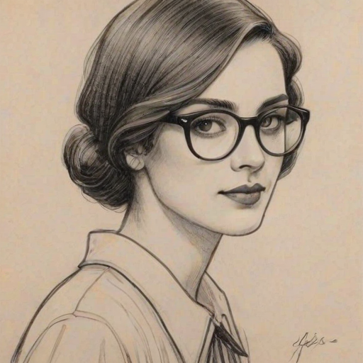 Splendid Khalid, pencil sketch, portrait of Appealing woman 1920s in glasses, hair style beatnik, outline, clear lines, fine lines, 8k