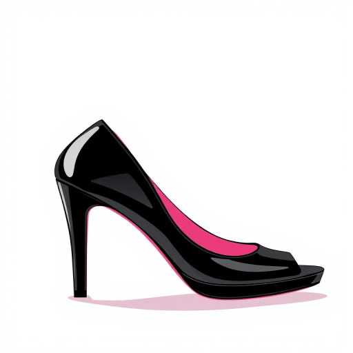 Create a high-resolution vector illustration of a stylish black high-heeled shoe with a pink interior, shot from a side angle using a DSLR camera with a 50mm lens, f/1.8 aperture, ISO 100, and soft natural lighting.