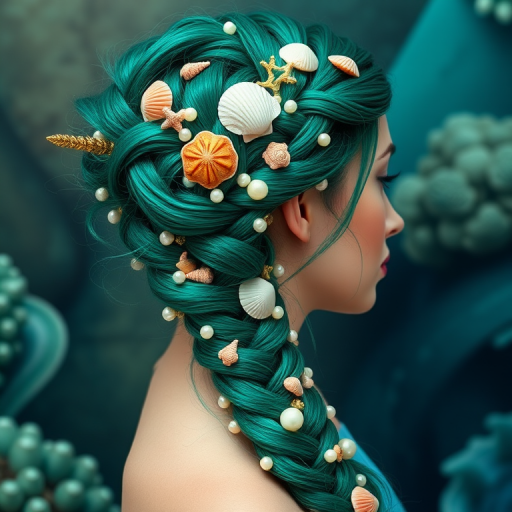 Emerald green mermaid braid adorned with pearls and seashells, Coral's hair cascades down in an intricate plait, showcasing vibrant hues and oceanic accents that evoke undersea beauty