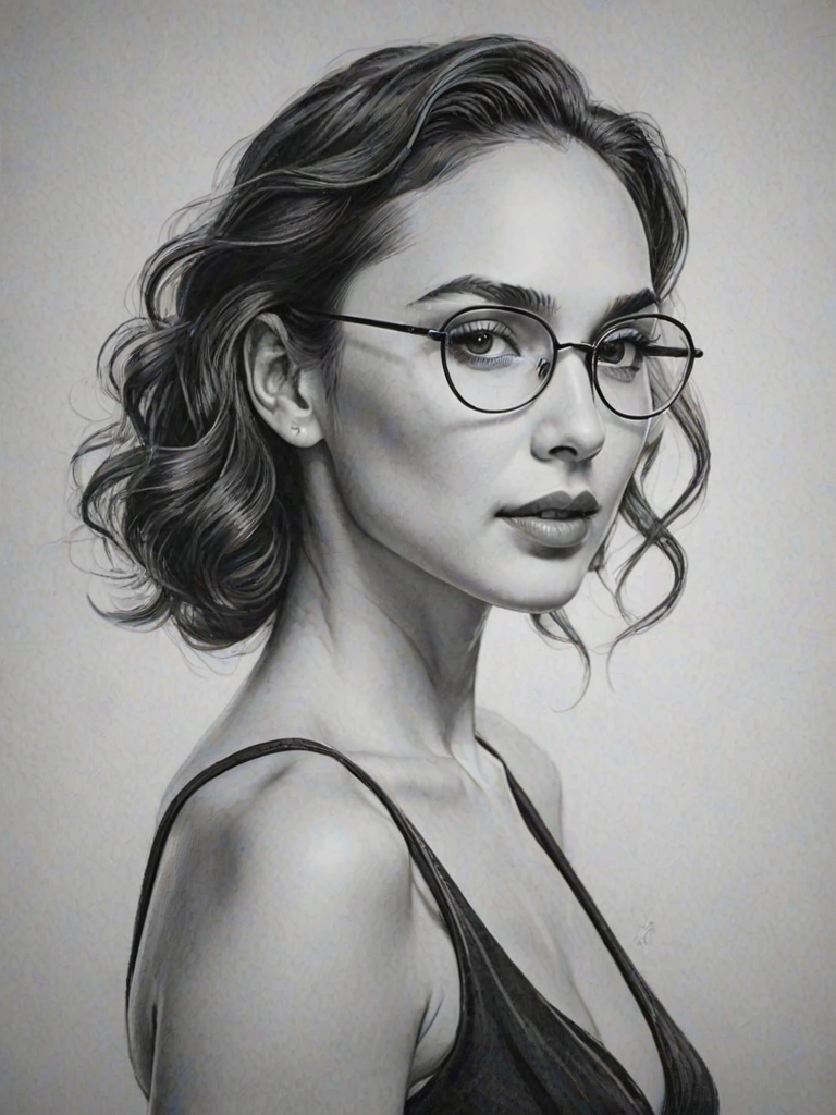 Beauteous Gal Gadot, pencil sketch, portrait of Graceful woman 1936s in glasses, hair style beatnik, outline, clear lines, fine lines, 8k