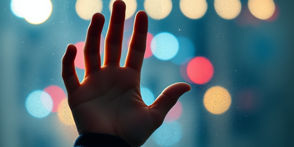 Create a high-contrast image of a hand pressed against a fogged glass surface with colorful bokeh lights in the background, using a Canon EOS R5, 50mm lens, aperture f/1.8, shutter speed 1/60 sec, ISO 200 to enhance clarity and detail.