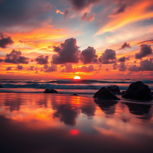 Create a high-resolution image of a beautiful sunset with vibrant colors reflecting on a calm ocean, shot with a Canon EOS R5 using a 24-70mm f/2.8 lens at f/8, ISO 100, and a shutter speed of 1/200 sec from a low angle view to capture the foreground details.