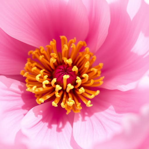 Close-up shot of a peony flower with soft pink petals and vibrant yellow stamen, natural lighting, shallow depth of field, DSLR camera, 50mm lens, aperture f/2.8, ISO 100.