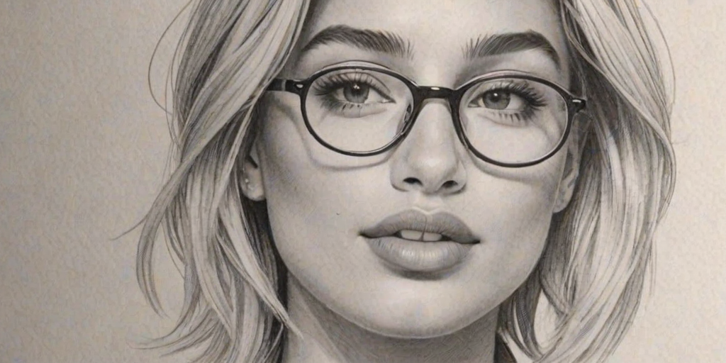 Exquisite Hailey Baldwin, pencil sketch, portrait of Radiant woman 1927s in glasses, hair style beatnik, outline, clear lines, fine lines, 8k