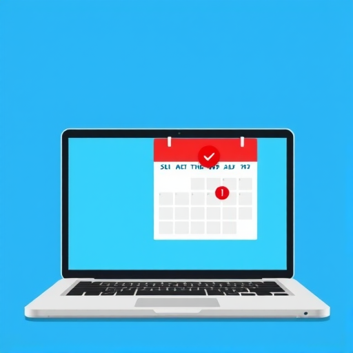 Create a digital illustration of a calendar app interface displayed on a laptop screen, featuring a bright blue background, a red header for the calendar, a checkmark on the calendar page, and an alert notification icon next to it, using a high-resolution setting of 300 DPI, with a focal length of 50mm, shot from a straight-on view in a flat design style.