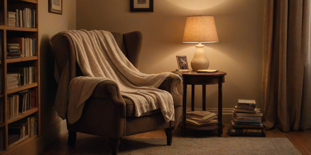 Warmly lit photo of a cozy reading corner, with a plush armchair, a stack of books, and a soft blanket draped over the side, illuminated by a nearby floor lamp.