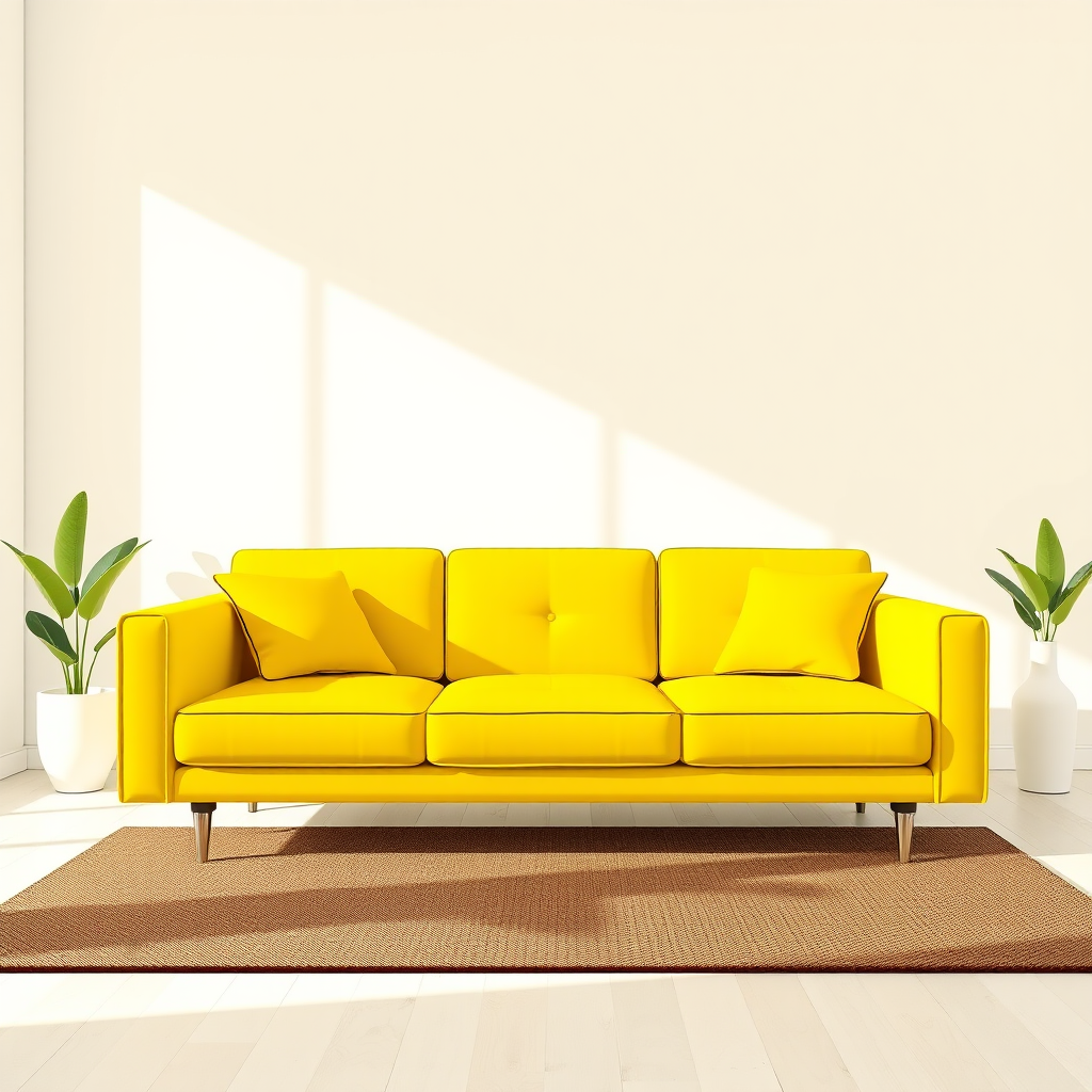Generate a high-quality illustration of a bright yellow modern sofa with a minimalist design, using a 50mm lens, f/2.8 aperture, shot from a frontal view in a well-lit environment to enhance colors and details, digital art style.
