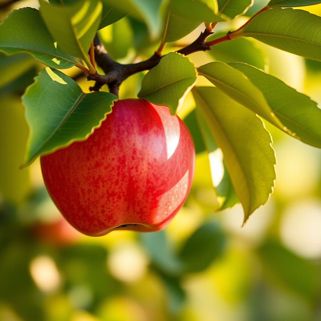 Capture a fresh red apple hanging from a branch with lush green leaves in soft, warm lighting, using a DSLR camera, 50mm lens, aperture f/2.8, ISO 100, and a slightly blurred background for depth.