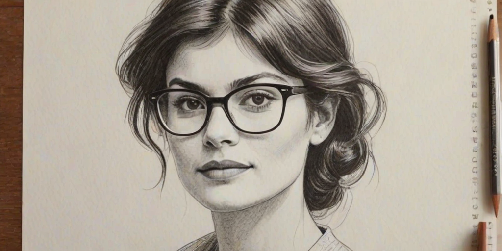 Pleasing Audrey Tautou, pencil sketch, portrait of Gorgeous woman 1977s in glasses, hair style beatnik, outline, clear lines, fine lines, 8k