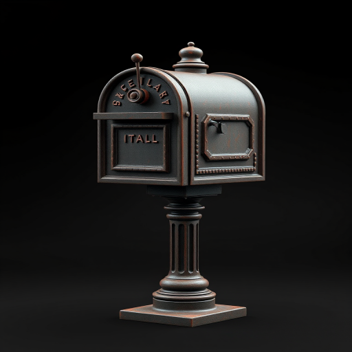 Create a detailed 3D render of a vintage mailbox on a black background, using a DSLR camera with a 50mm lens, aperture f/1.8, ISO 100, and a shallow depth of field to emphasize the mailbox while softly blurring the background, ensuring realistic lighting and textures for enhanced image quality.