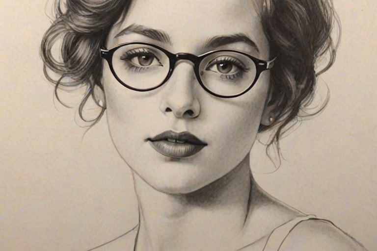Enticing Charlie Puth, pencil sketch, portrait of Graceful woman 1925s in glasses, hair style beatnik, outline, clear lines, fine lines, 8k