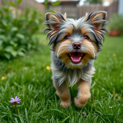 Regenerate an image of a small, fluffy dog with a happy expression walking in a green yard, camera settings: f/2.8 aperture, ISO 200, shutter speed 1/500, camera view: eye level, camera style: natural light, camera type: DSLR.