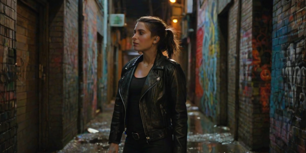 Dimly lit alleyway in a bustling city, a woman in a leather jacket leans against a graffiti-covered wall, cigarette smoke swirling in the air as distant city lights reflect in puddles.