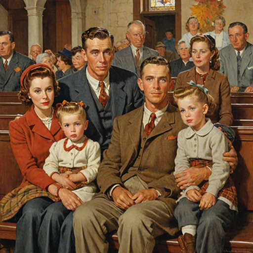 In the style of Norman Rockwell, a 1953 young family, looking pleasantly content is sitting in church, wearing cold weather clothing in autumn colors