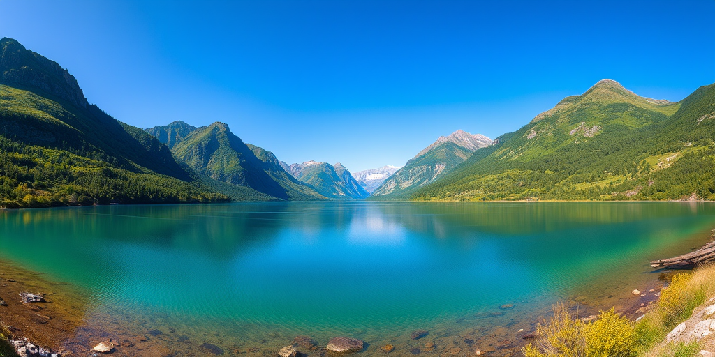 /Imagine a serene landscape featuring a tranquil lake surrounded by lush green mountains under a clear blue sky, captured with a DSLR camera at f/8 aperture, ISO 100, 24mm focal length, in panoramic view with natural lighting for enhanced detail and clarity.