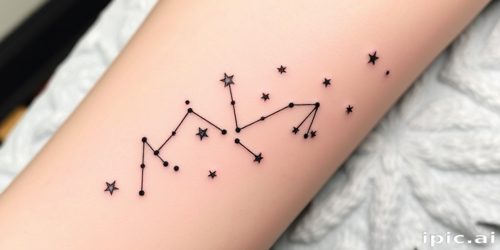 Minimalist fine line tattoo named "Whispered Constellations" featuring delicate star patterns connected by thin lines to form celestial shapes, incorporating subtle dotwork and negative space for a celestial aesthetic