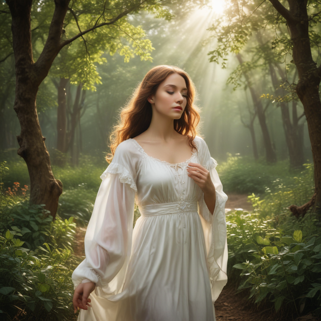 Enchanting Forest Scene Featuring a Young Woman in Ethereal White Dress