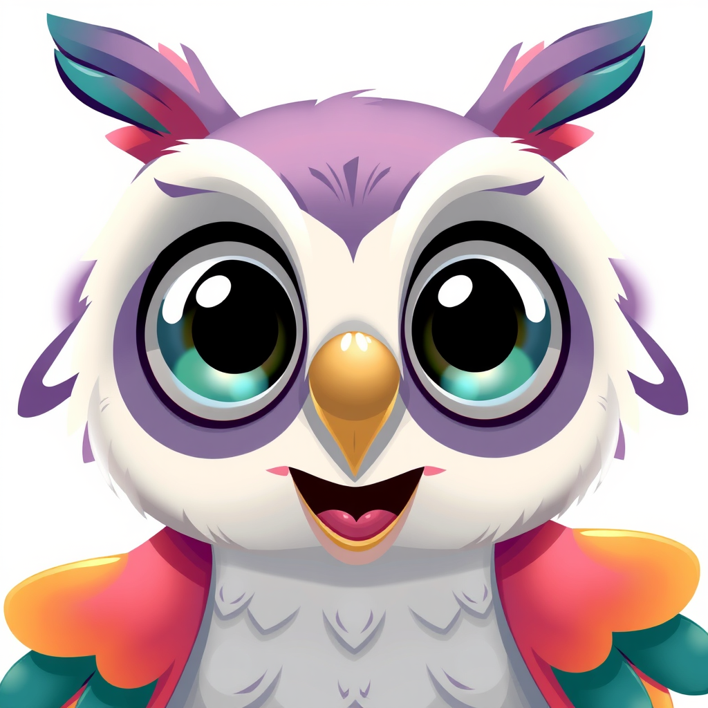 Create a high-resolution illustration of a cartoon owl with large eyes and a friendly expression, using a soft focus lens, 50mm focal length, f/2.8 aperture, and vibrant colors on a transparent background.