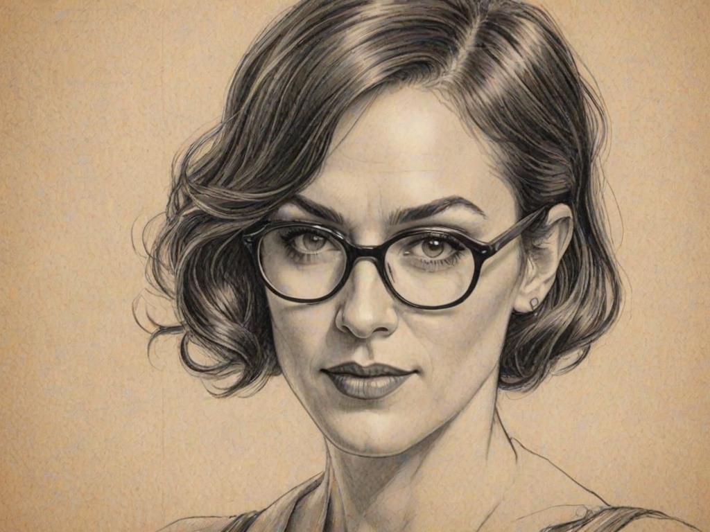 Alluring Maggie Siff, pencil sketch, portrait of Exquisite woman 1928s in glasses, hair style beatnik, outline, clear lines, fine lines, 8k