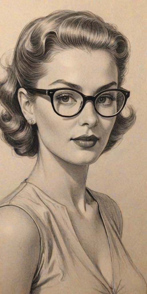 Alluring Lilia Buckingham, pencil sketch, portrait of Elegant woman 1949s in glasses, hair style beatnik, outline, clear lines, fine lines, 8k