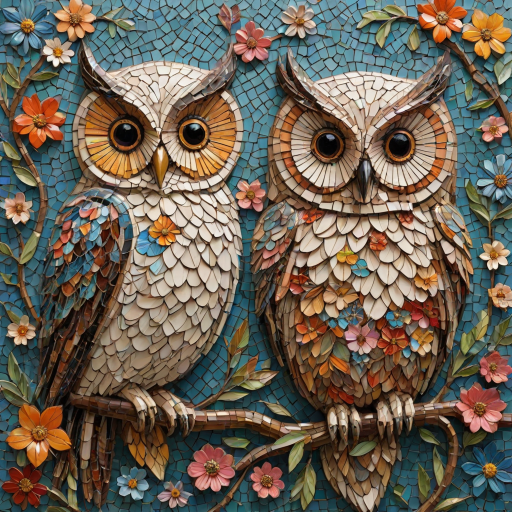 A mosaic of floral owls, each owl intricately composed of individual flower blossoms. The design showcases a delicate balance of nature and form, where the feathers of the owls are replaced by vibrant petals and blooms. The overall appearance is whimsical yet detailed, with each floral element contributing to the intricate patterns of the owl’s body. The artwork embraces a raw, organic style, with natural hues and soft textures, creating a harmonious blend of flora and fauna. The mosaic arrangement adds depth and visual intrigue to the piece, evoking a sense of wonder and artistic beauty.