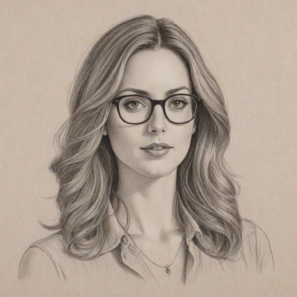 Resplendent Eva Amurri Martino, pencil sketch, portrait of Lovely woman 1973s in glasses, hair style beatnik, outline, clear lines, fine lines, 8k