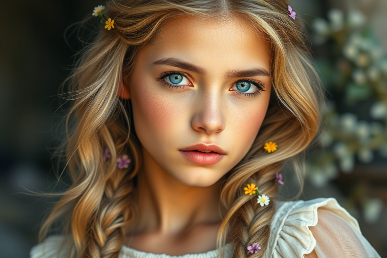 Create an image of a young Quechua woman with long, wavy blonde hair, adorned with small, colorful flowers woven into her braids and loose strands. Her complexion is fair, with soft, glowing skin, and she has light blue eyes that gaze softly at the viewer. She wears a light, flowing dress with a gentle, ethereal quality, complementing her delicate and serene appearance. The background is slightly blurred, drawing focus to her tranquil expression and the intricate details of the flowers in her hair. The overall mood of the image is one of natural beauty and grace, evoking a sense of peacefulness and connection with nature.