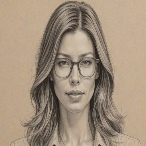 Comely Jessica Biel, pencil sketch, portrait of Bewitching woman 1972s in glasses, hair style beatnik, outline, clear lines, fine lines, 8k