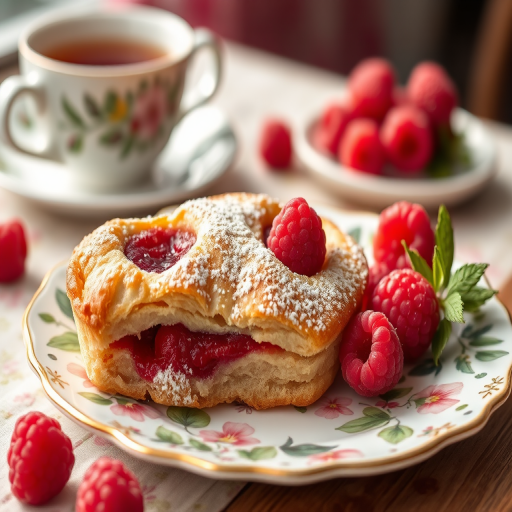 highly detailed close-up of a raspberry pastry on a floral plate with fresh raspberries and a cup of tea, soft natural lighting, aperture f/2.8, ISO 100, 50mm lens, shallow depth of field, realistic texture and vibrant colors