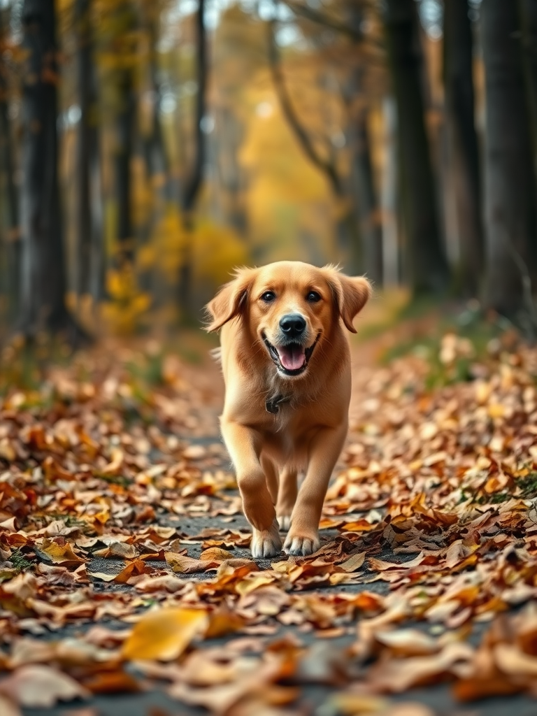 Golden retriever running along a leaf-covered path in a wooded area during autumn, low angle view, shot with a DSLR camera using a 50mm lens at f/1.8, ISO 200, shutter speed 1/500s, with soft natural lighting to enhance colors and depth.