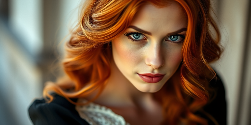 portrait of an elegant woman with red wavy hair and blue eyes wearing a white dress and black shawl, soft focus, shallow depth of field, 50mm lens, f/1.8, ISO 100, natural lighting, cinematic style, high resolution