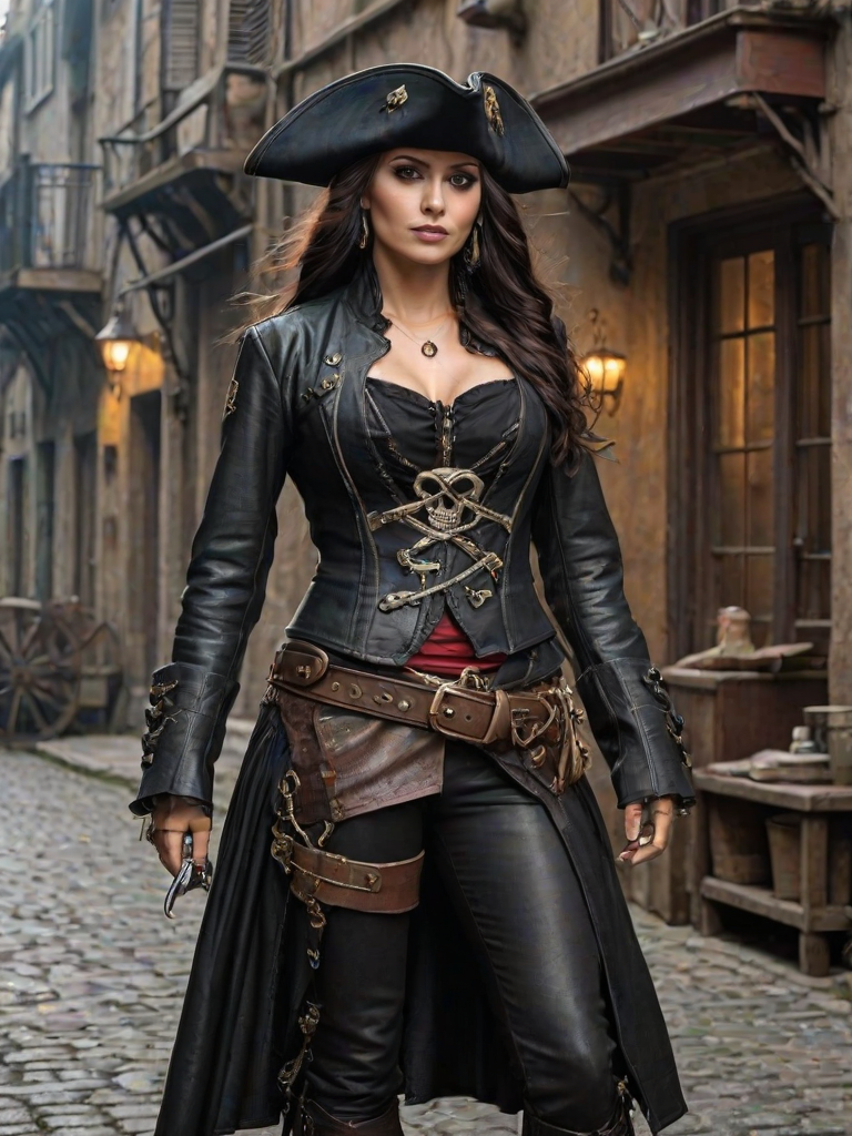 Create a portrait of a fierce female pirate. She wears a leather tricorn hat adorned with a skull and crossbones emblem, and her long, dark hair flows around her face. Her outfit consists of a richly detailed leather jacket, a corset, and multiple layers of belts and accessories, giving her a formidable and stylish appearance. She stands confidently in a dimly lit, historic port town, with a backdrop of weathered buildings and cobblestone streets, capturing the adventurous spirit of a pirate.