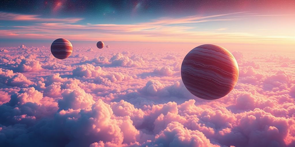 Create a vibrant space scene with multiple planets floating above colorful clouds, capturing a sense of depth and wonder; use a DSLR camera with a 24mm lens, aperture set to f/8 for sharp focus, ISO 100 for minimal noise, and a wide-angle perspective to enhance the cosmic landscape.