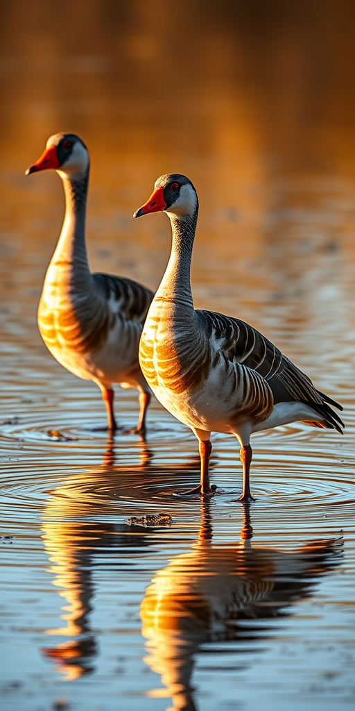 Create an image of two Egyptian geese standing in shallow water with rich reflections, using a DSLR camera, aperture f/4, ISO 200, shutter speed 1/500s, in a close-up view to enhance detail, with natural lighting during golden hour for vibrant colors.