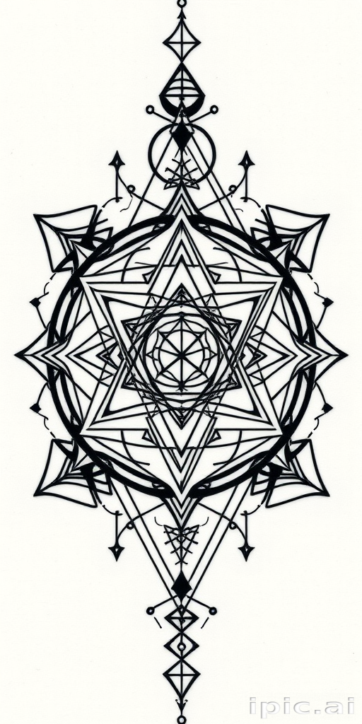 Blackwork sacred geometry tattoo featuring interconnected geometric shapes and patterns, creating a harmonious design that represents the mathematical principles underlying the universe