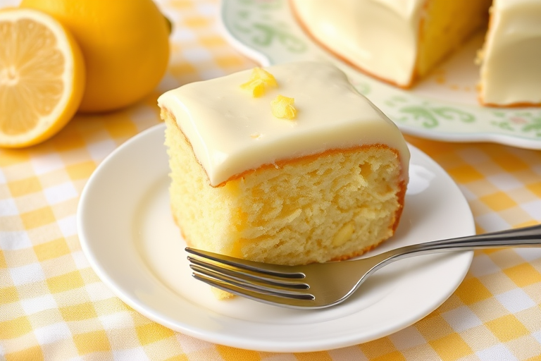 A close-up of a slice of lemon cake on a white plate with a fork next to it the cake has a creamy lemon frosting with a few lemon zest pieces on top the background features a whole lemon and a decorative plate with a soft yellow checkered tablecloth beneath it